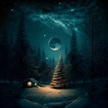 Illustration of a house in a night forest among tall trees in the moonlight
