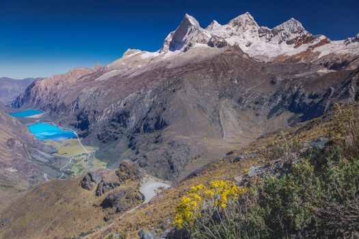 Turquoise Llanganuco lake in Cordillera Blanca, snowcapped Andes, Ancash, Peru