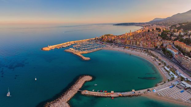 Menton old city on the french Riviera, France. Drone aerial view over Menton France Europe