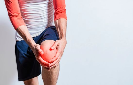 Knee osteoarthritis medical problem. Unrecognizable person with knee pain, Person with knee pain isolated. Man suffering knee muscle pain. People with osteoarthritis and knee pain isolated
