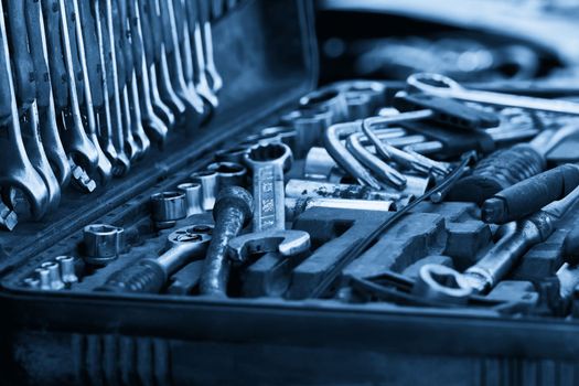 car mechanic tool set in auto repair shop