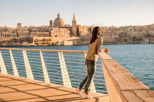 Valletta Malta city Skyline, city skyline Malta Valletta , young woman visit Malta at vacation