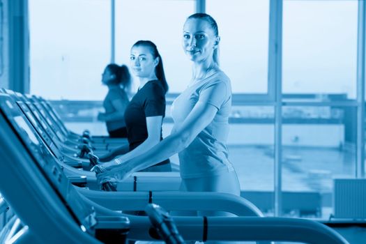group of young people walking on treadmills in modern sport gym