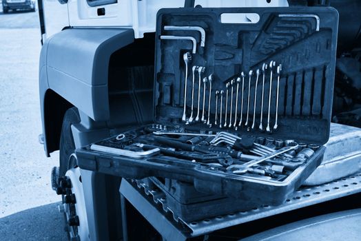 car mechanic tool set in auto repair shop
