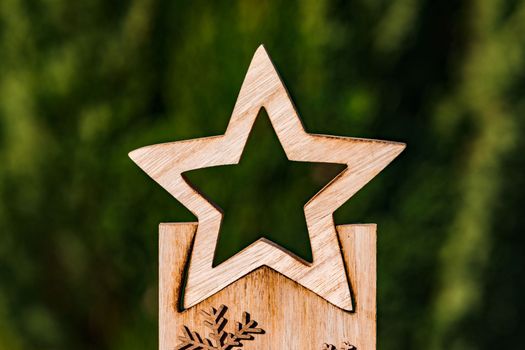 A cut-out wooden star in front of a green natural background serves as a document for Christmas