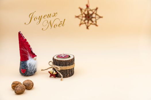 Greeting card with text Joyeux Noel and colors red, brown, beige and white - Christmas wallpaper
