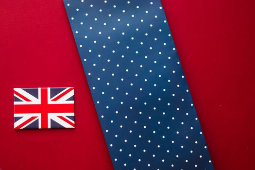 Abstract flat lay backdrop, UK flag on red and blue polka dot flatlay background for holiday design and luxury branding