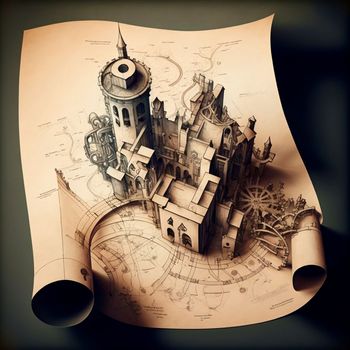 3d drawings of an unusual steampunk city, a city diagram
