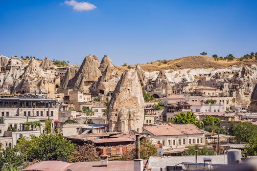 Beautiful stunning view of the mountains of Cappadocia and cave houses. Turkey
