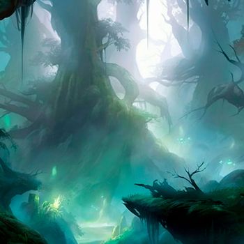 A fabulous mystical forest in the fog