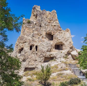 Beautiful stunning view of the mountains of Cappadocia and cave houses. Turkey