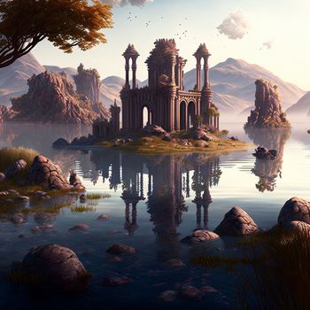 Mystical mysterious ruins on the lake islands