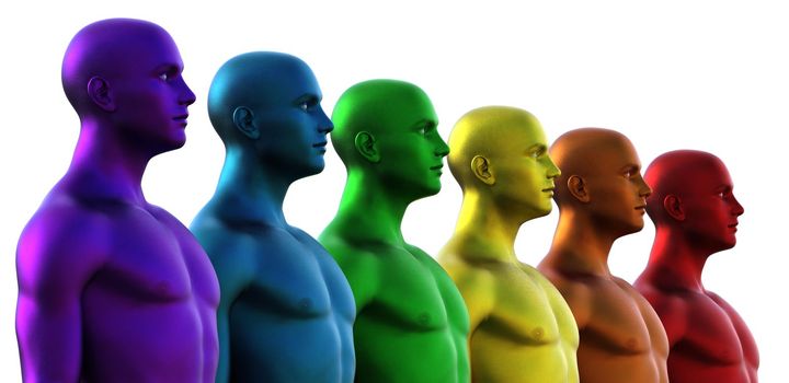 3D rendering. Row of multicolored bald men on white background.
