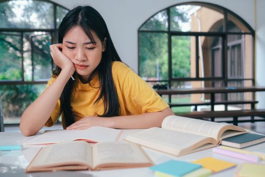 Serious Asian female student reading books for exam preparation