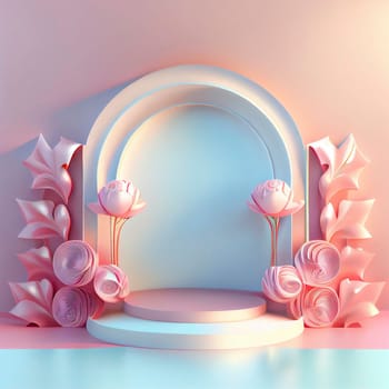 Feminine and elegant 3d podium illustration with abstract flower ornament for product display