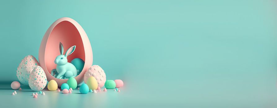 Easter day illustration banner background with eggs and bunny