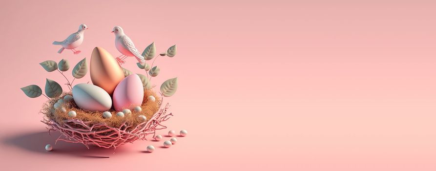 Illustration of background Easter day with eggs, nest, and copy space for banner
