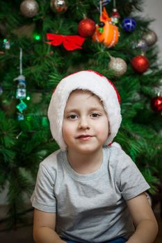 A photo of a beautiful boy in a gray T-shirt and a Santa Claus hat at the Christmas tree, looking into the camera. Portrait in a bright room. Natural, not staged photography.