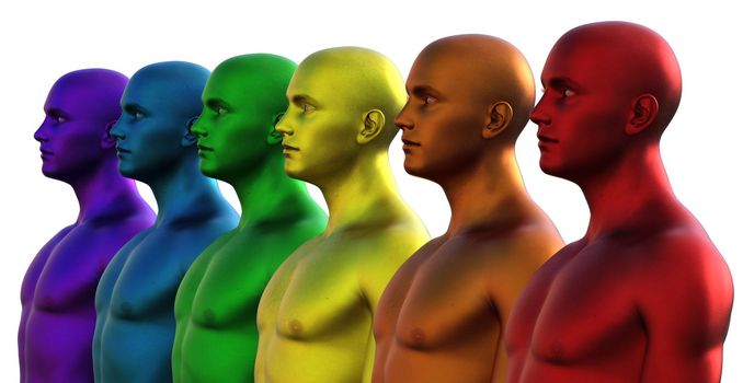 3D rendering. Row of multicolored bald men on white background.