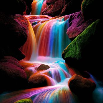 mountain stream with water shimmering with rainbow colors