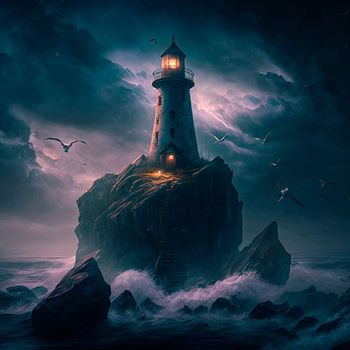 Lighthouse on a rock in stormy weather