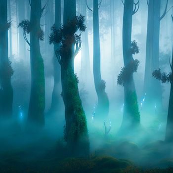 A fabulous mystical forest in the fog