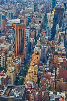 Looking down on Manhattan New York City city street buildings