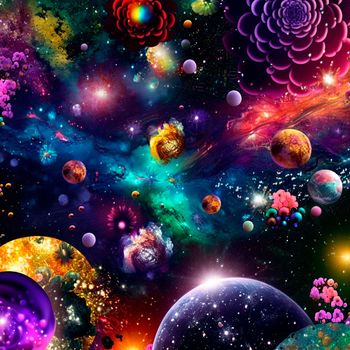 space background with different elements of rainbow colors