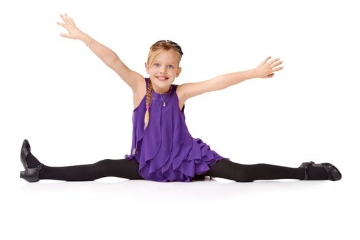 Dance, talent and splits with portrait of girl for flexibility, fashion and celebration. Happy, party and contemporary with isolated child dancing for health, smile and fitness in white background