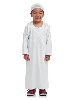 Portrait, children and muslim with a boy in studio isolated on a white background for religion or belief in allah. Islam, kids or eid and a male child posing with mockup for faith or trust in god