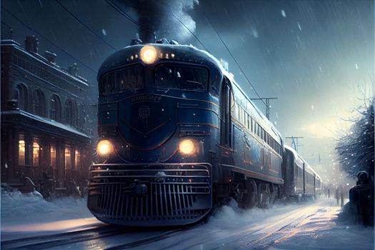 polar express train rides through the snowy city along residential buildings in 6k