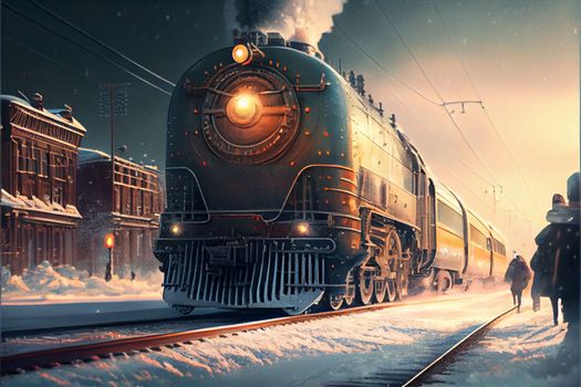 polar express train rides through the snowy city along residential buildings in 6k