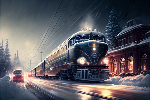 polar express train rides through the snowy city along residential buildings