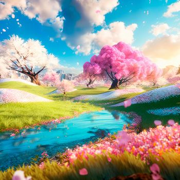illustration of a fantasy spring world with bright sun and cherry blossoms