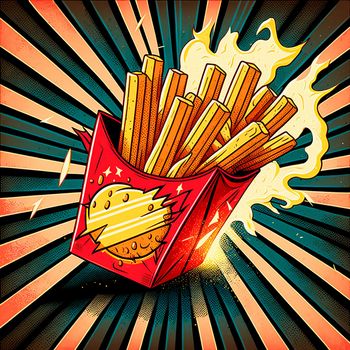 french fries in red packaging, retro art