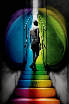 Guy Climbing the stairs, psychedelic colors, searching for himself