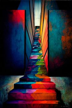 Climbing the stairs, psychedelic colors, searching for himself. Stairway to other world