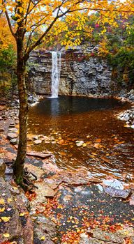 Fall vibes in forest with large waterfall going over cliff edge
