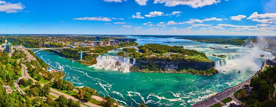 Wide panorama overlook of entire Niagara Falls from Canada