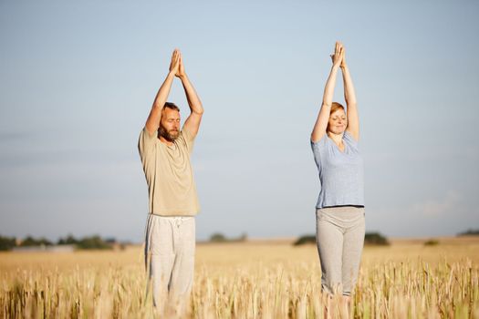 Taking care of body and mind. a serene couple enjoying a yoga workout in a crop field.