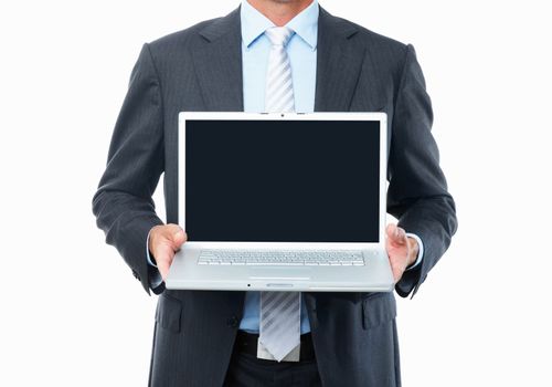 Add your text here. Cropped view of business man presenting laptop on white background.