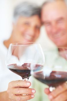 Wine toast. Portrait of happy mature couple celebrating with toast, focus on wine glasses.
