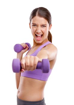Well its not going to lift itself. Studio portrait of a beautiful young woman lifting dumbbells.