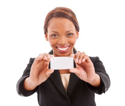 My business card. Portrait of a corporate ethnic woman holding up a blank business card.