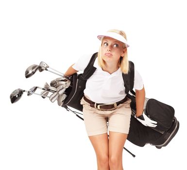Sports, golf and woman in a studio with clubs for exercise, training or golfing motivation. Fitness, athlete and female golfer with a confused expression holding equipment by a white background.