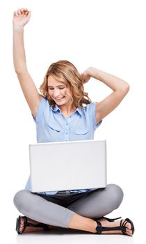 Business, laptop and woman excited, celebration and employee isolated on white studio background. Consultant, female entrepreneur and lady with computer, winner and website launch for startup company.