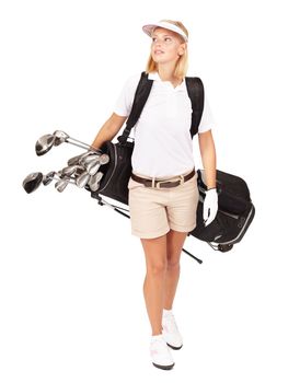 Golf, sports and walking with a woman in studio isolated on a white background for her golfing hobby. Sport, golf club and a female golfer carrying her bag to a course while in sportswear or uniform