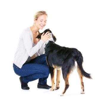 Love, pets and woman with dog and smile on white background with mockup and product placement. Best friends, happy woman and animal playing and training with pet care and loyalty together in studio
