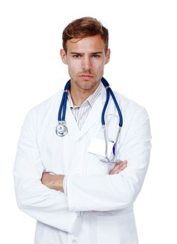 He takes healthcare seriously. Studio portrait of a young male doctor isolated on white