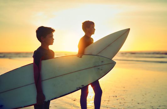 Let the sea set you free. two young brothers holding their surfboards while looking towards the ocean.